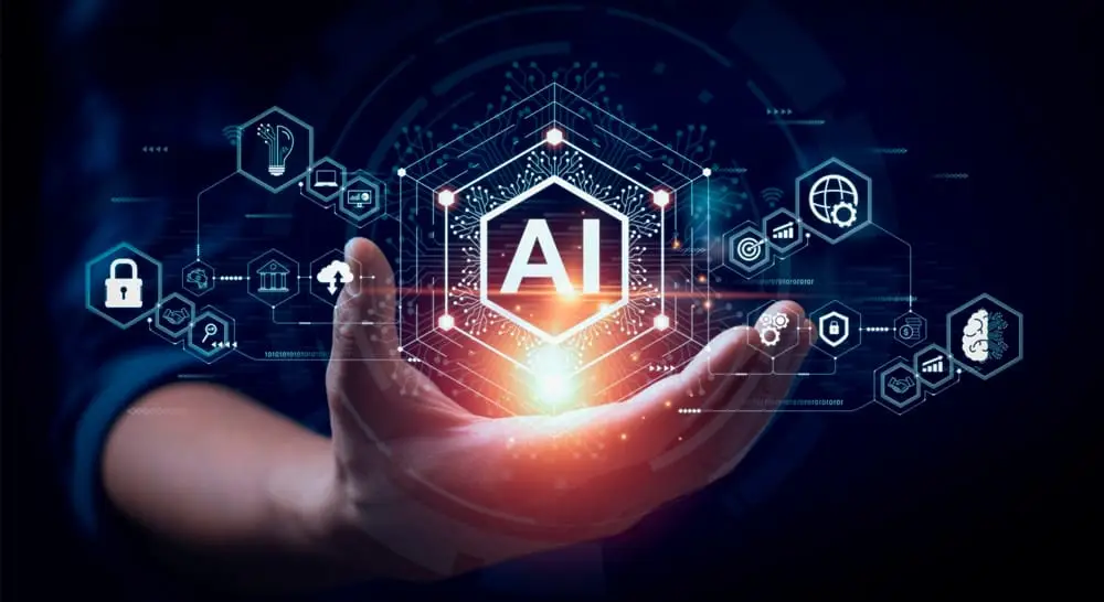 An illustration highlighting the concept of AI and technology, with a focus on interconnected systems and futuristic designs