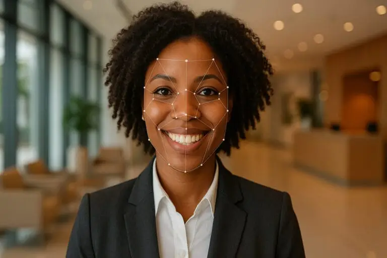 Mulher sorridente vestida profissionalmente em um saguão de escritório moderno, com pontos e linhas de mapeamento facial digitalmente sobrepostos em seu rosto, ilustrando as tecnologias de reconhecimento facial e identificação biométrica.