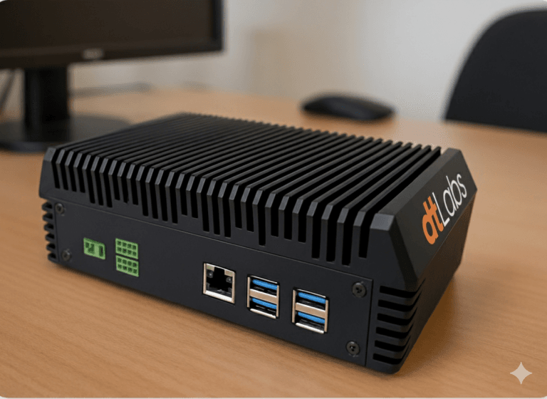AIBox, computador industrial da dtLabs preto com dissipador de calor e portas Ethernet e USB, apoiado sobre uma mesa de escritório. Black dtLabs edge AI box with heatsink fins and Ethernet/USB ports on an office desk.