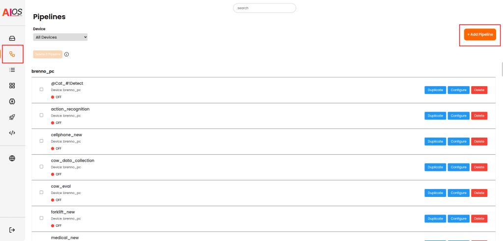Screenshot of the AIOS interface, showing the 'Pipelines' section with several listed pipelines and buttons to duplicate, configure, or delete each item. In the top right corner, there is a highlighted orange button labeled '+ Add pipeline'