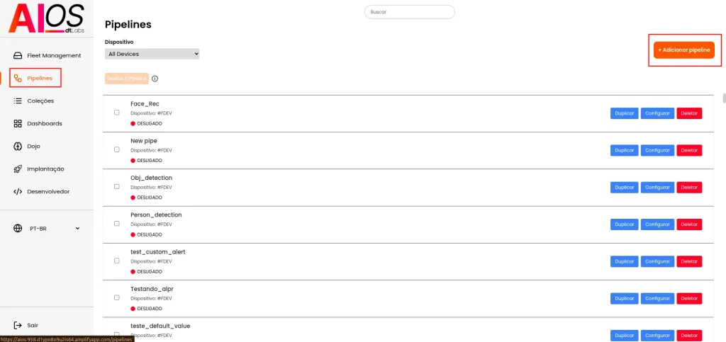 Captura de tela da interface do AIOS, mostrando a seção 'Pipelines' com diversos pipelines listados e botões para duplicar, configurar ou deletar cada item. No canto superior direito, há um botão laranja destacado com o texto '+ Adicionar pipeline'.