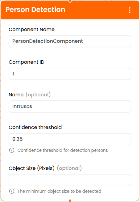 Configuration window for the 'Person Detector' component in a software interface, displaying fields such as component name, ID, optional name ('Intrusos'), confidence threshold (0.35), and object size (optional).