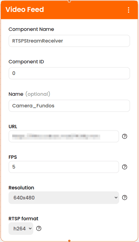 Configuration window for the 'Video Feed' component in a software interface, displaying fields such as component name, ID, optional name, URL, FPS, resolution (640x480), and RTSP format (h264).