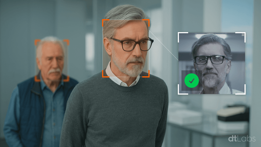 Homem de cabelos grisalhos em destaque, com um retângulo laranja marcando seu rosto, ilustra um sistema de reconhecimento facial em ação. Ao fundo, outra pessoa também é detectada. À direita, um quadro mostra o rosto do homem sendo comparado e reconhecido com sucesso por inteligência artificial, indicado por um ícone verde de confirmação.
