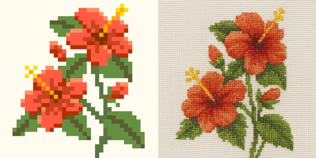 Comparação lado a lado mostrando flores de hibisco. O lado esquerdo está em estilo pixel art com quadrados de baixa resolução e aparência blocada, enquanto o direito exibe as mesmas flores em bordado ponto cruz detalhado sobre tecido, com transições de cor suaves e textura dos fios visível.