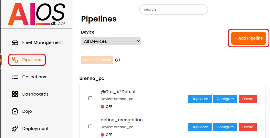 AIOS interface showing the Pipelines section, a filter for device selection, and pipelines listed per device. The "+ Add Pipeline" button is highlighted in orange in the upper right corner. The side navigation bar shows Pipelines selected.