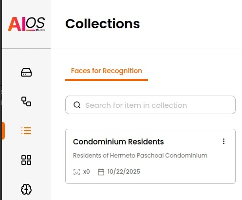 AIOS Collections page displaying a face recognition collection titled "Condominium Residents," with the description "Residents of Hermeto Paschoal Condominium." The left navigation bar and a search bar for items in the collection are visible.