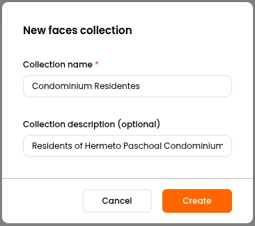 Interface for creating a new collection of faces. The collection name is "Condominium Residents," with the optional description "Residents of Hermeto Paschoal Condominium." "Cancel" and "Create" buttons are visible at the bottom, with "Create" in orange.