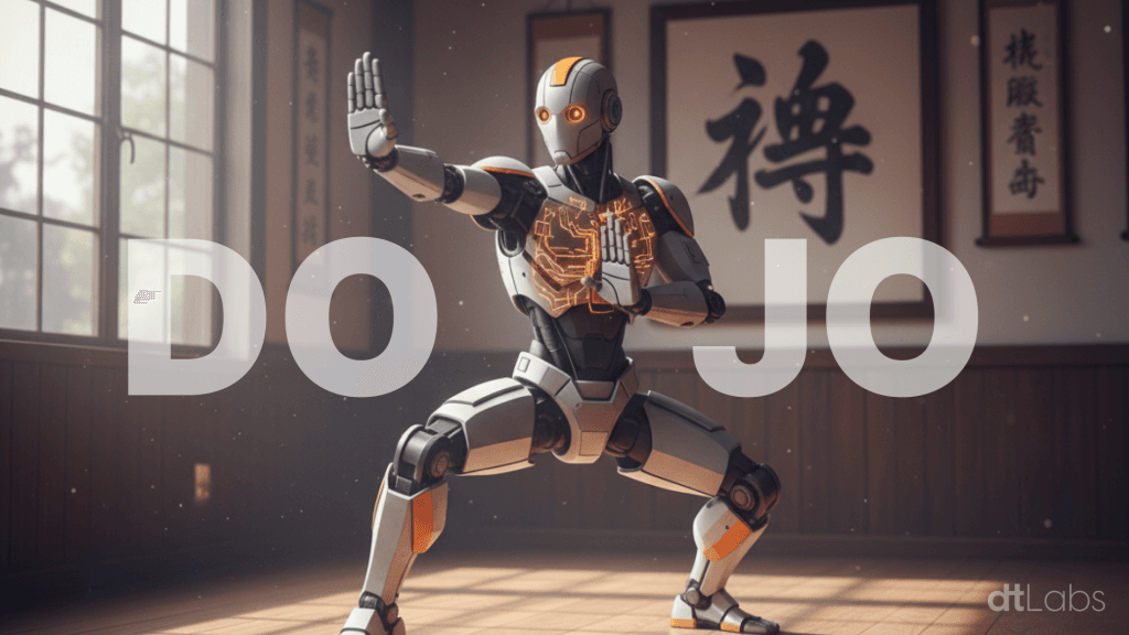 Um robô humanoide em posição de artes marciais está destacado no centro de um dojo tradicional japonês, com circuito eletrônico brilhando no peito e letras grandes "DOJO" sobrepostas à imagem. Ao fundo, há janelas amplas e painéis de madeira, além de caligrafia japonesa nas paredes. A imagem possui uma atmosfera de tecnologia avançada integrada à tradição marcial, evidenciada pelo visual futurista do robô e os elementos clássicos do ambiente.