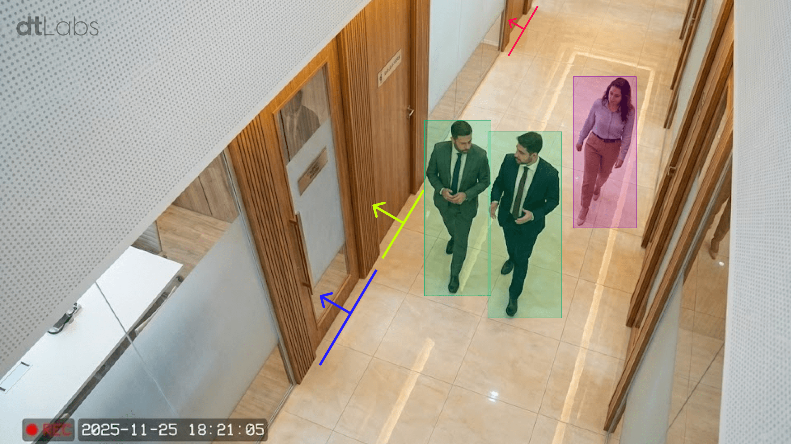 Imagem de corredor corporativo capturada por câmera de segurança, mostrando dois homens de terno caminhando lado a lado em direção à câmera, e uma mulher ao fundo caminhando no sentido oposto. Cada pessoa está destacada por caixas retangulares coloridas, e há setas coloridas indicando possíveis direções ou rotas, além de portas de vidro nas laterais. No canto superior esquerdo aparece o logo "dtLabs", e no canto inferior esquerdo, o selo de gravação com data e hora: 2025-11-25 18:21:05. Ilustração de solução para gestão de facilities.
