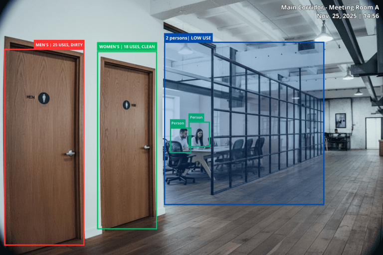 Corredor interno de escritório, com duas portas de banheiros à esquerda: uma masculina, destacada com moldura vermelha e sinalização de 25 usos e suja, e outra feminina, emoldurada em verde, indicando 18 usos e limpa. À direita, há uma sala de reuniões com paredes de vidro, onde duas pessoas estão sentadas à mesa, destacadas em caixas verdes sob uma área azul rotulada como “baixo uso”. No topo direito aparecem data, hora e o texto "Main Corridor - Meeting Room A".