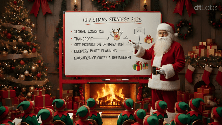 Papai Noel em pé diante de um quadro branco com o título ‘Christmas Strategy 2025’, apresentando tópicos de logística e planejamento para um grupo de duendes sentados em uma sala decorada com árvores e presentes de Natal.