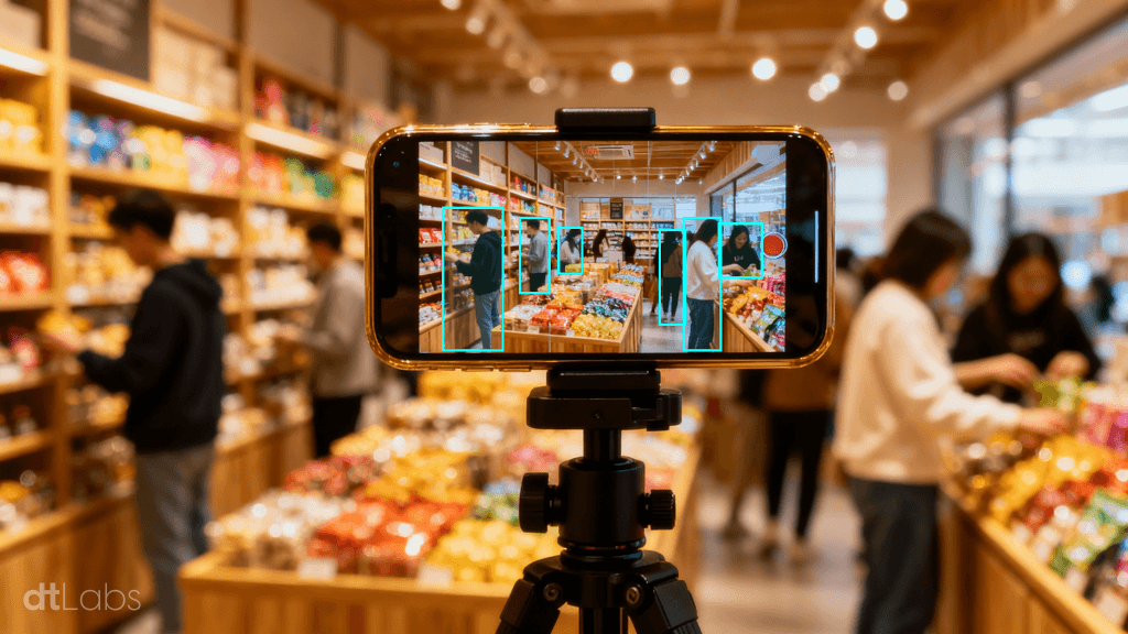 Close-up de um smartphone montado em um tripé e sendo usado como câmera IP no centro de um supermercado, usando visão computacional para detectar pessoas entre as prateleiras enquanto clientes fazem compras ao fundo, com o logo da dtLabs no canto inferior esquerdo.