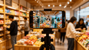 Close-up de um smartphone montado em um tripé e sendo usado como câmera IP no centro de um supermercado, usando visão computacional para detectar pessoas entre as prateleiras enquanto clientes fazem compras ao fundo, com o logo da dtLabs no canto inferior esquerdo.