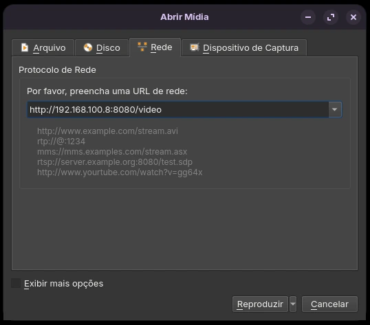 Janela “Abrir Mídia” do VLC Player na aba Rede, exibindo um campo de URL de rede preenchido com “http://192.168.100.8:8080/video” e botões inferiores para reproduzir o stream ou cancelar a operação.