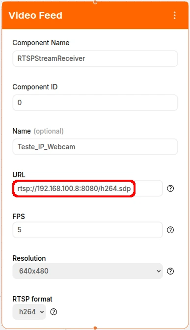 Video Feed configuration panel in AIOS, in English, with fields for component name, ID, optional name, and a URL box containing the RTSP address “rtsp://192.168.100.8:8080/h264.sdp” highlighted in red, plus options for FPS, resolution, and RTSP format.