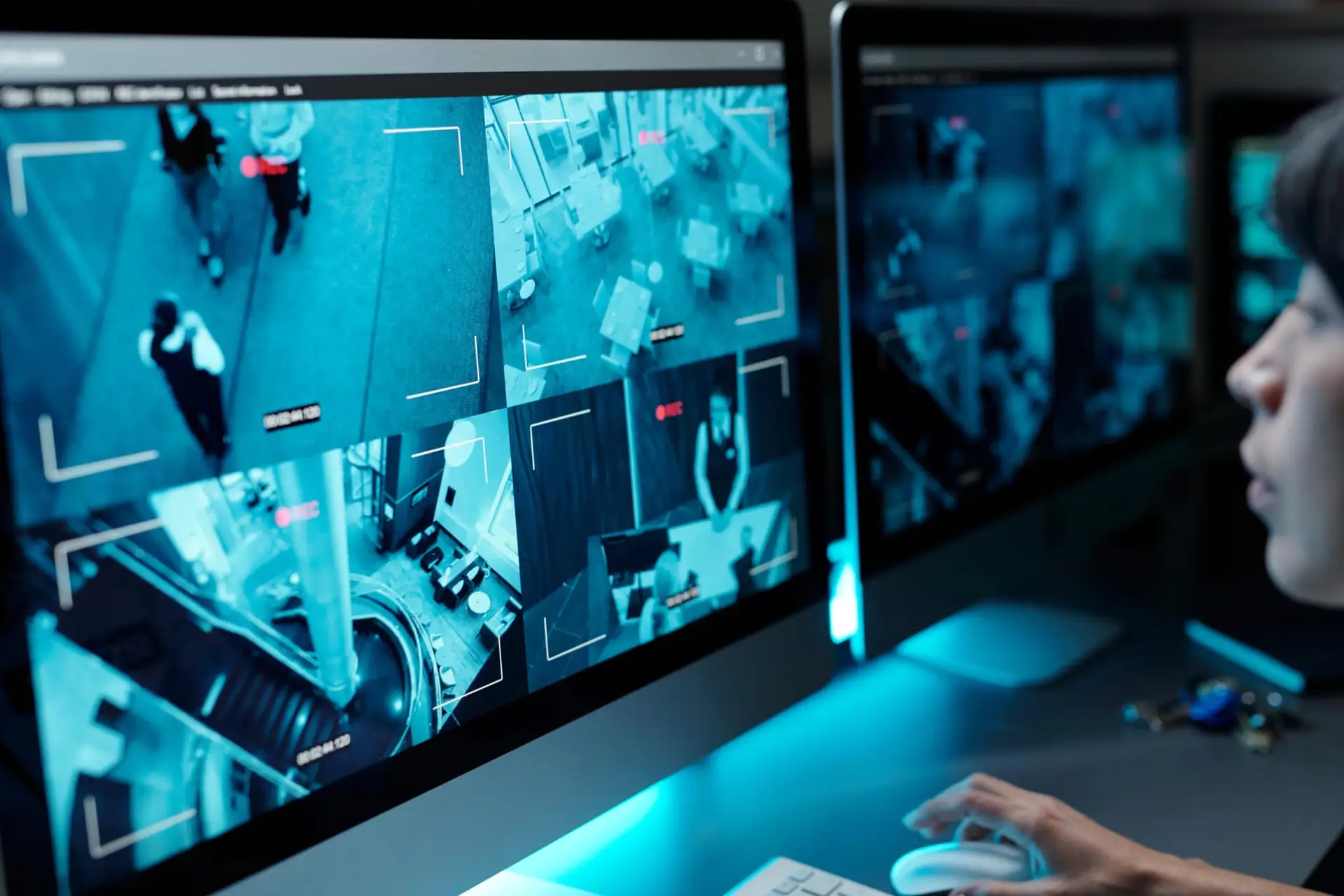 Jovem profissional analisando múltiplas telas de monitores com feeds de câmeras de vigilância em tempo real, exibindo cenas de rua e interior de edifício, em centro de controle de segurança moderno com DVR.