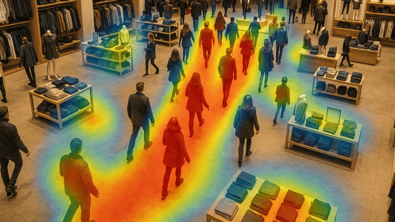 Visão aérea de alta perspectiva do interior de uma loja de roupas de varejo, apresentando uma sobreposição de mapa de calor em tons de vermelho, laranja, amarelo e azul, visualizando a densidade e o fluxo de tráfego de clientes entre mesas e prateleiras de exposição.