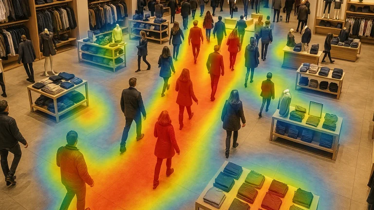 Visão aérea de alta perspectiva do interior de uma loja de roupas de varejo, apresentando uma sobreposição de mapa de calor em tons de vermelho, laranja, amarelo e azul, visualizando a densidade e o fluxo de tráfego de clientes entre mesas e prateleiras de exposição.
